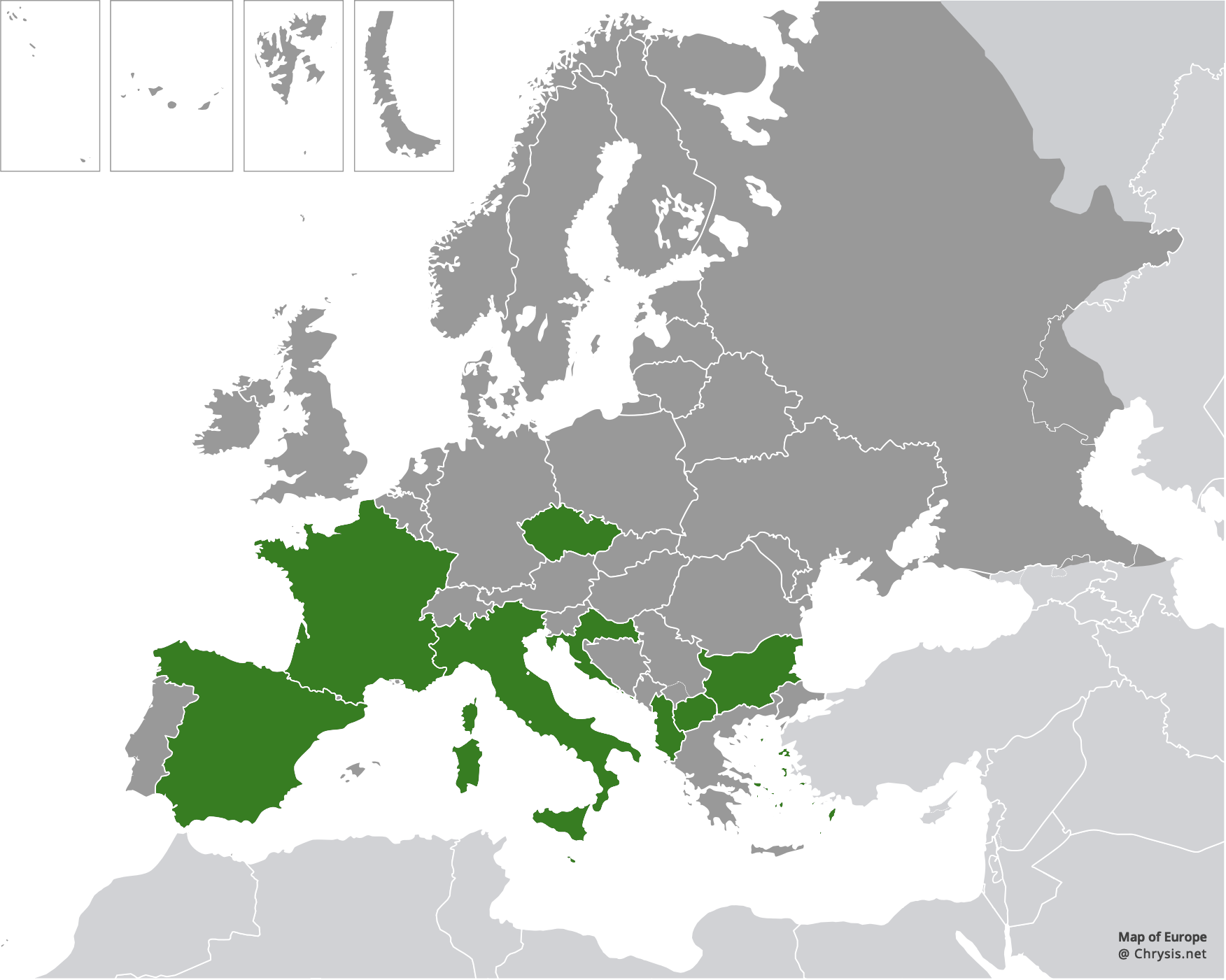 European distribution of Chrysis cerastes Abeille, 1877