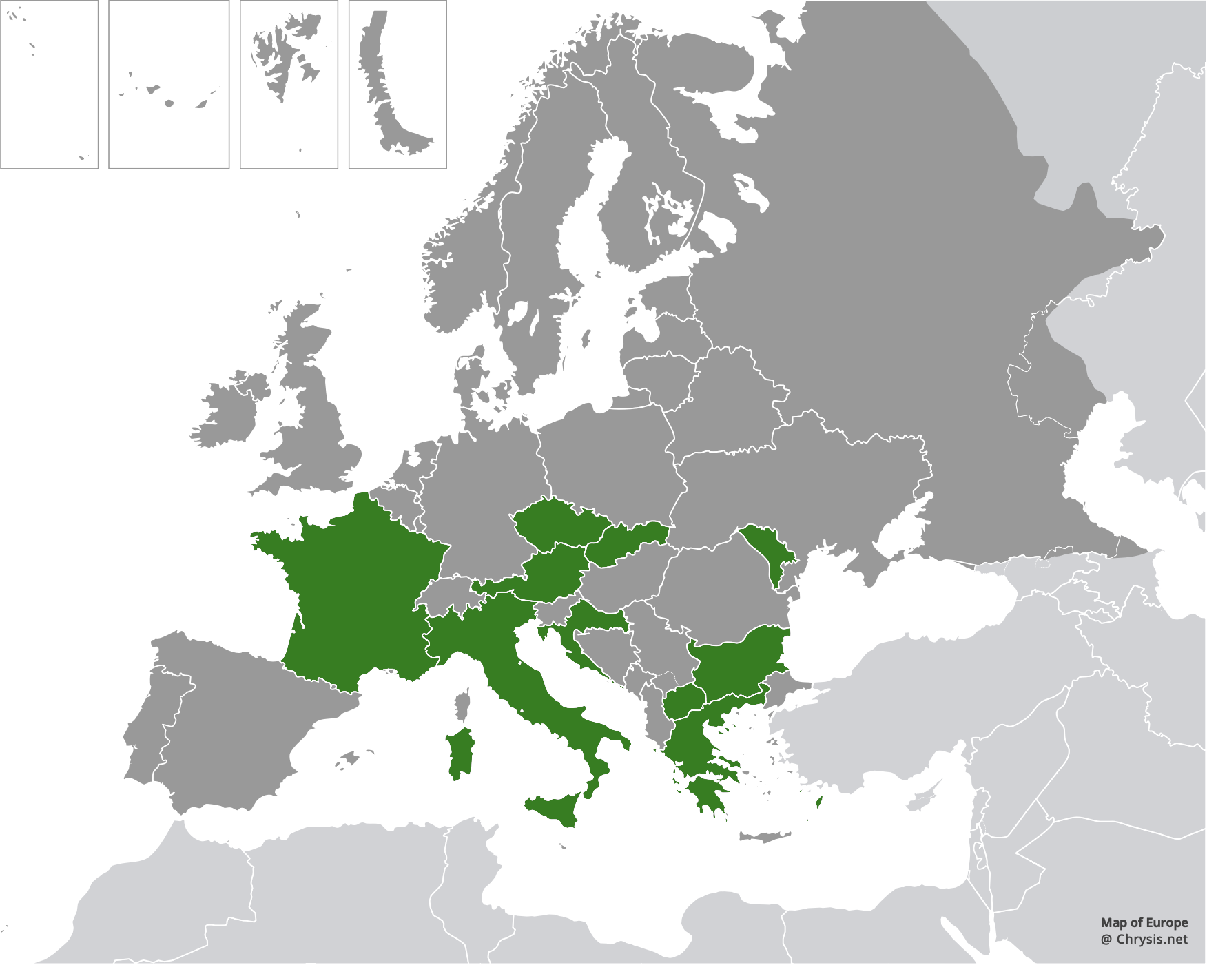 European distribution of Chrysis frivaldszkyi Mocsáry, 1882