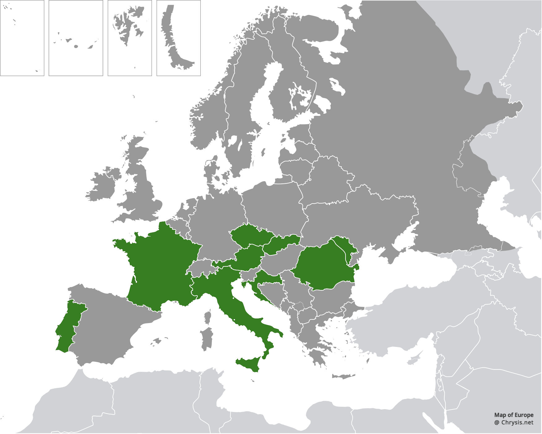 European distribution of Chrysis phryne Abeille, 1878