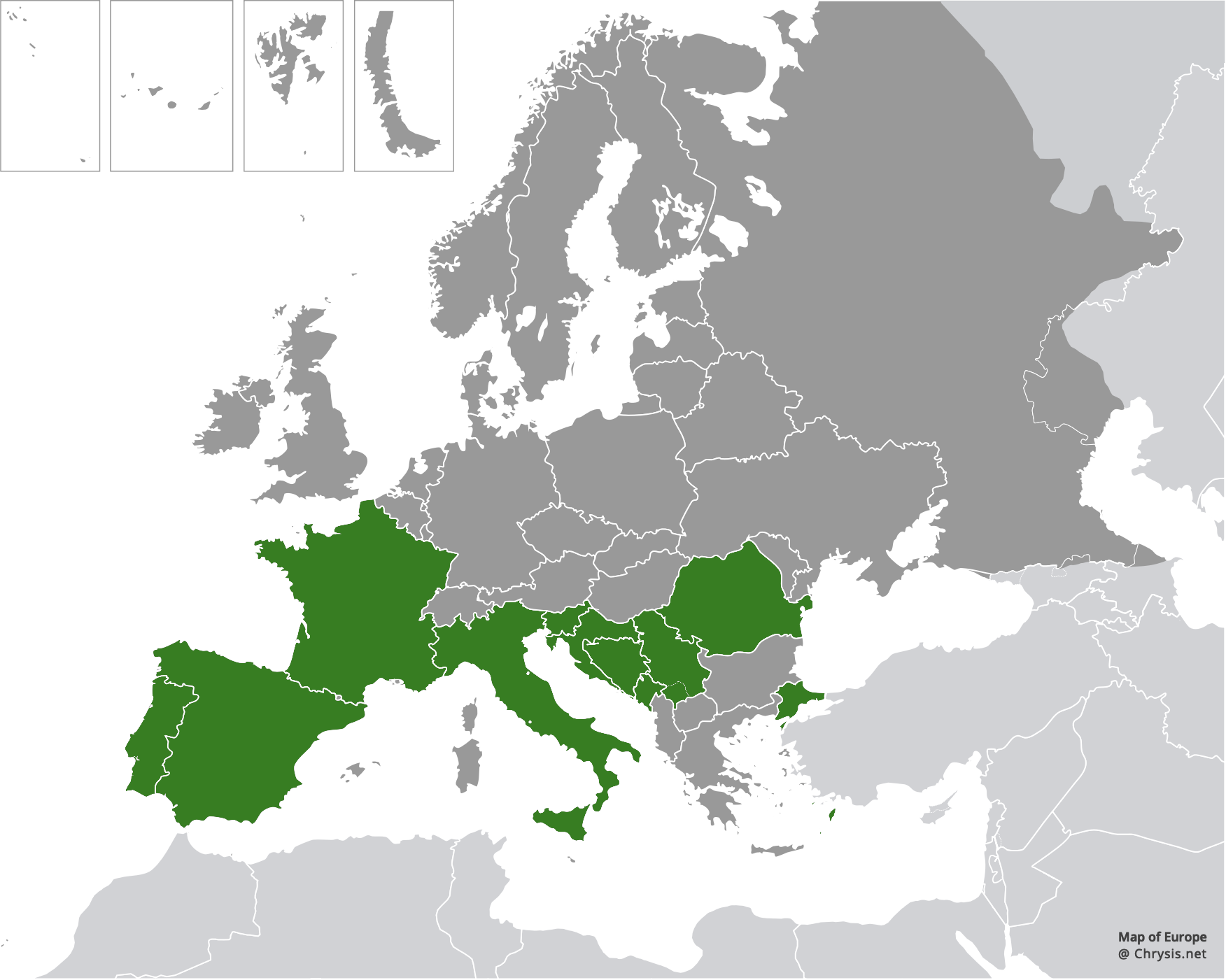 European distribution of Chrysura purpureifrons (Abeille, 1878)