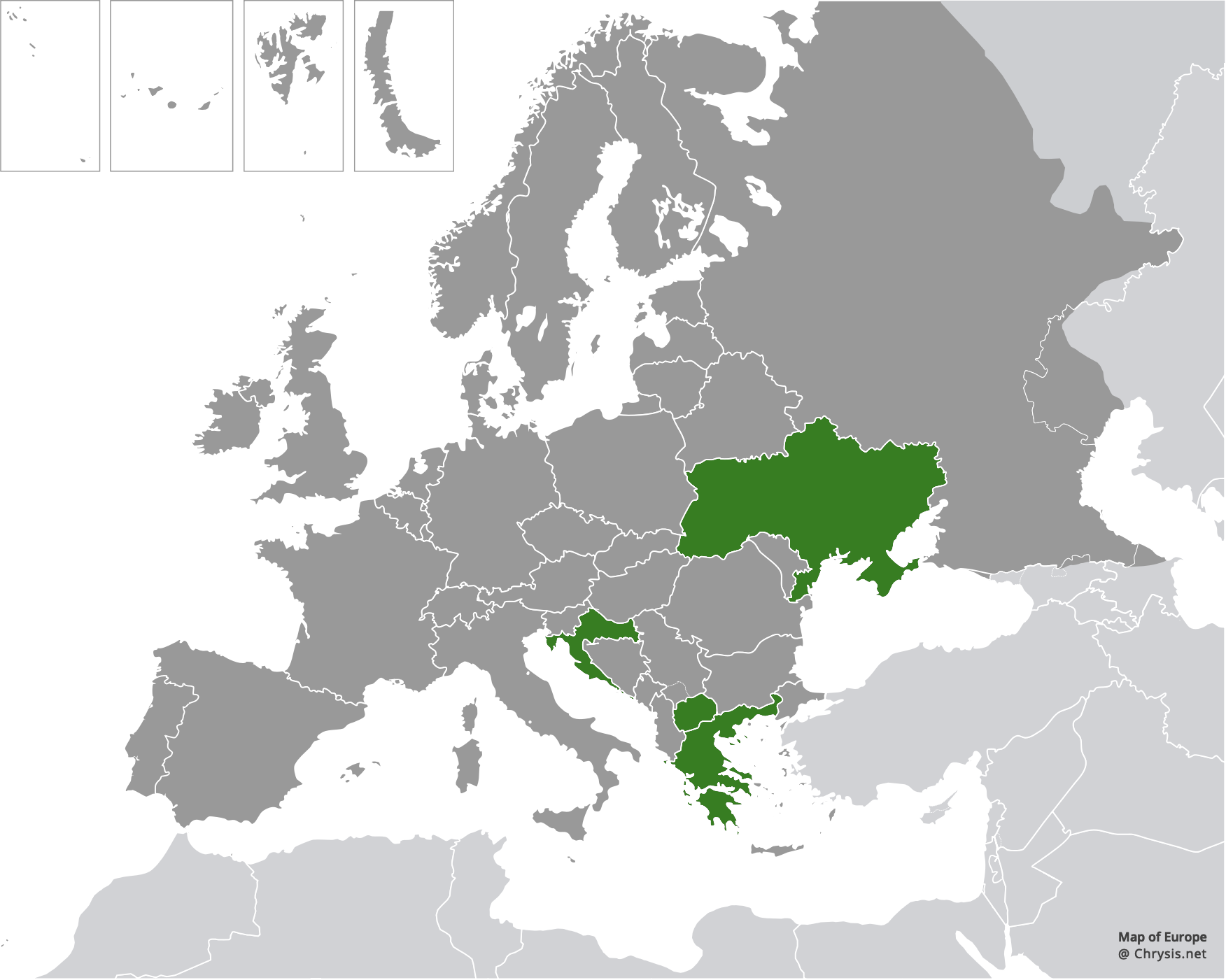 European distribution of Chrysura purpureifrons helleniensis (Linsenmaier, 1968)