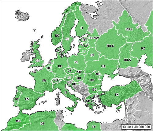 Mappa provvisoria della distribuzione europea di Methocha articulata e Methocha latronum.