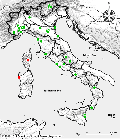 Physical map of Italy with distribution points of Methocha species